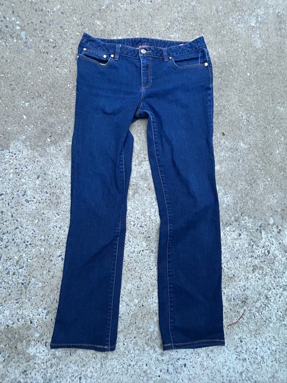 Tory Burch Dark Wash Denim Jeans Gold Hardware Straight Leg